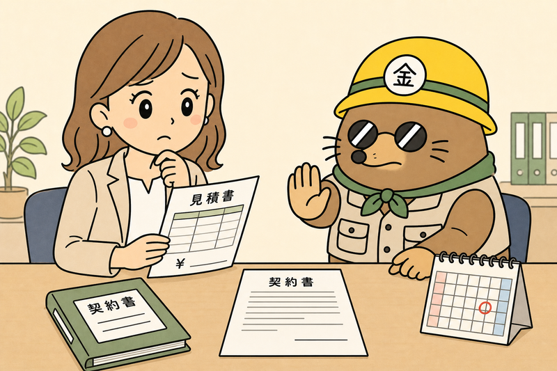 京都市の補助金の契約見積り資金計画を確認する女社長とざくざ君