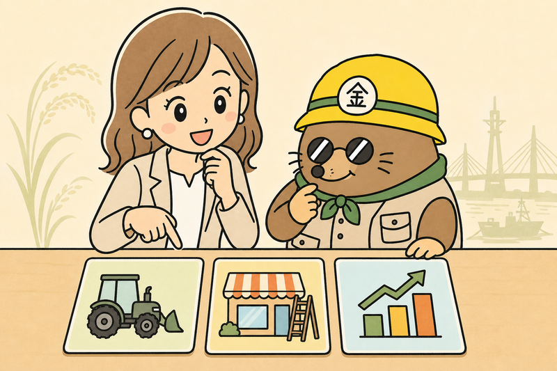 新潟市の代表的な支援制度を比べる女社長とざくざ君