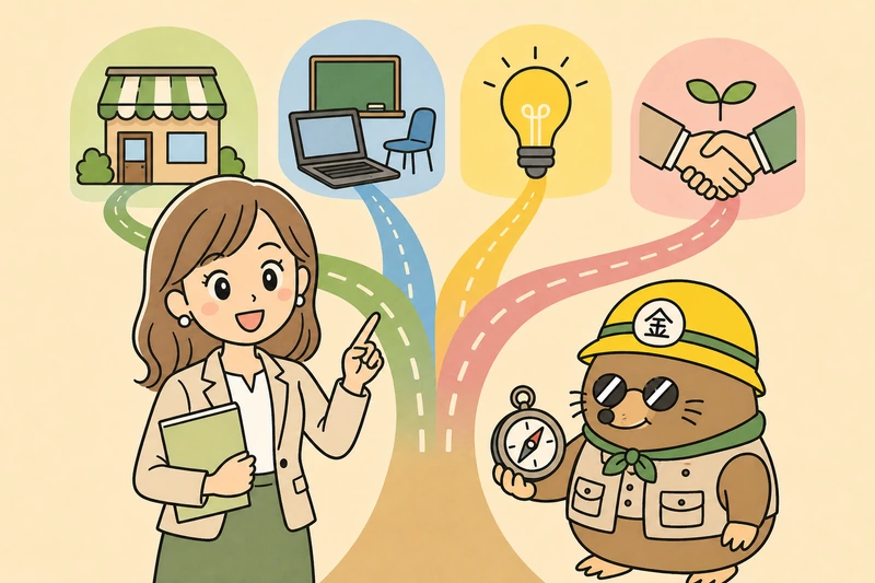 創業・研修・知財・事業承継を目的別に選ぶの解説イラスト