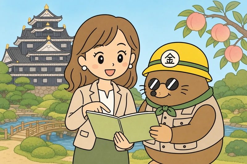 岡山市の支援制度を調べる女社長とざくざ君