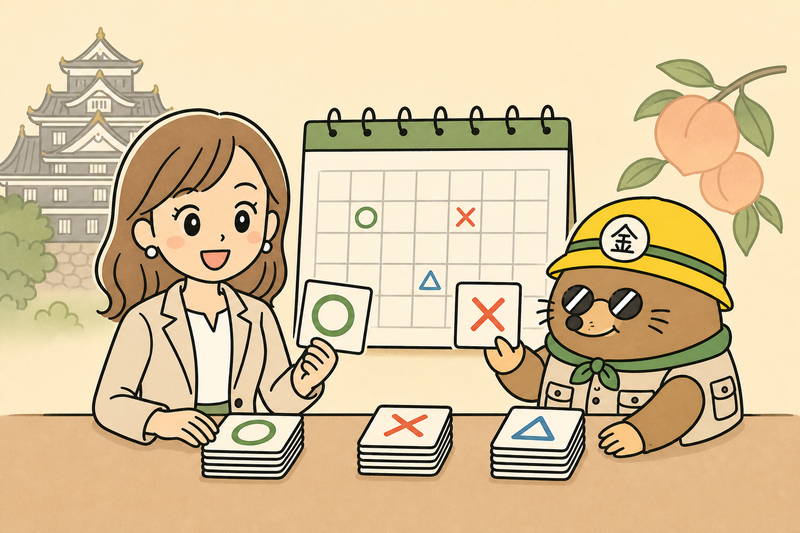 岡山市の補助金の受付状況を見る女社長とざくざ君