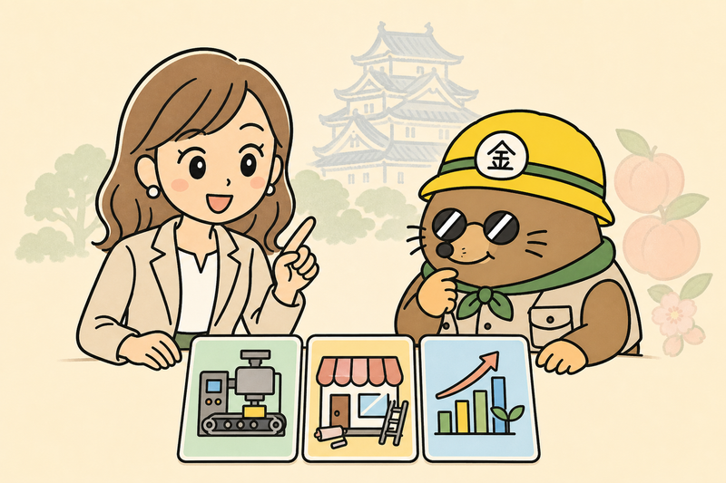 岡山市の代表的な支援制度を比べる女社長とざくざ君