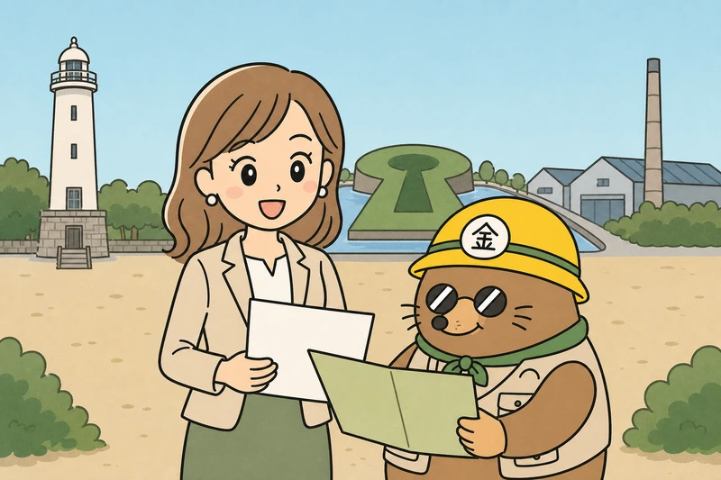 堺市の支援制度を調べる女社長とざくざ君