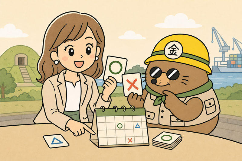 堺市の補助金の受付状況を見る女社長とざくざ君