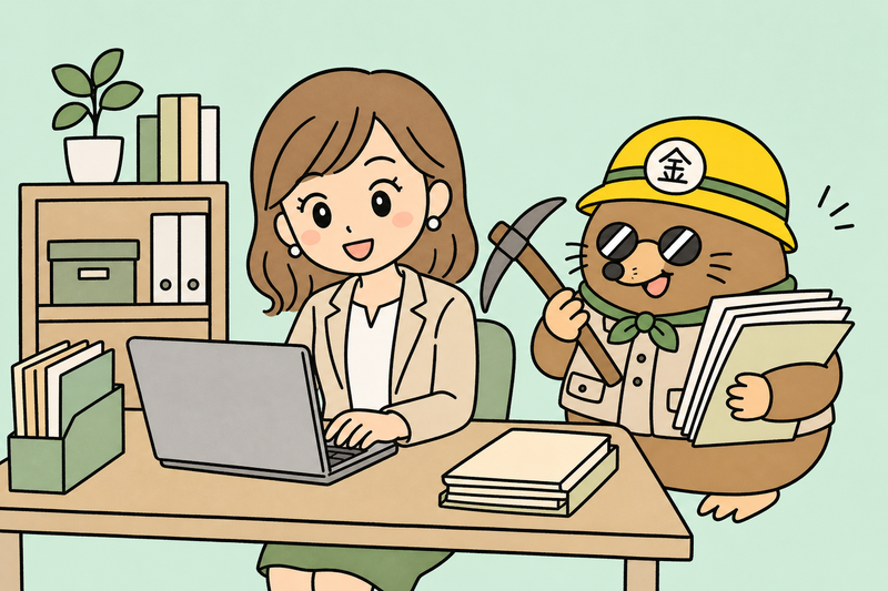 持続化補助金の電子申請と確定申告書などを準備する女社長とざくざ君