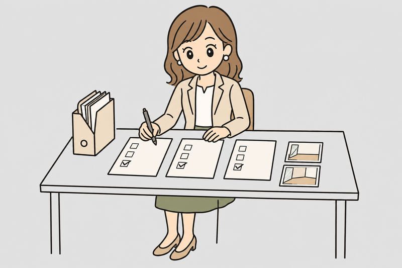 持続化補助金の見積書や支払い記録や写真をそろえる緑の膝丈スカート姿の女社長